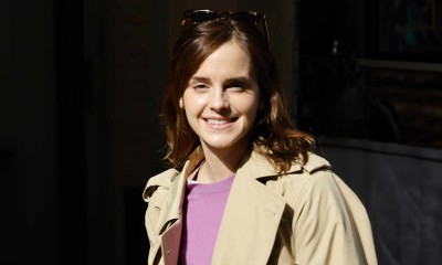 Emma Watson luźne baggy jeans wiosną nosi do eleganckiego trencza