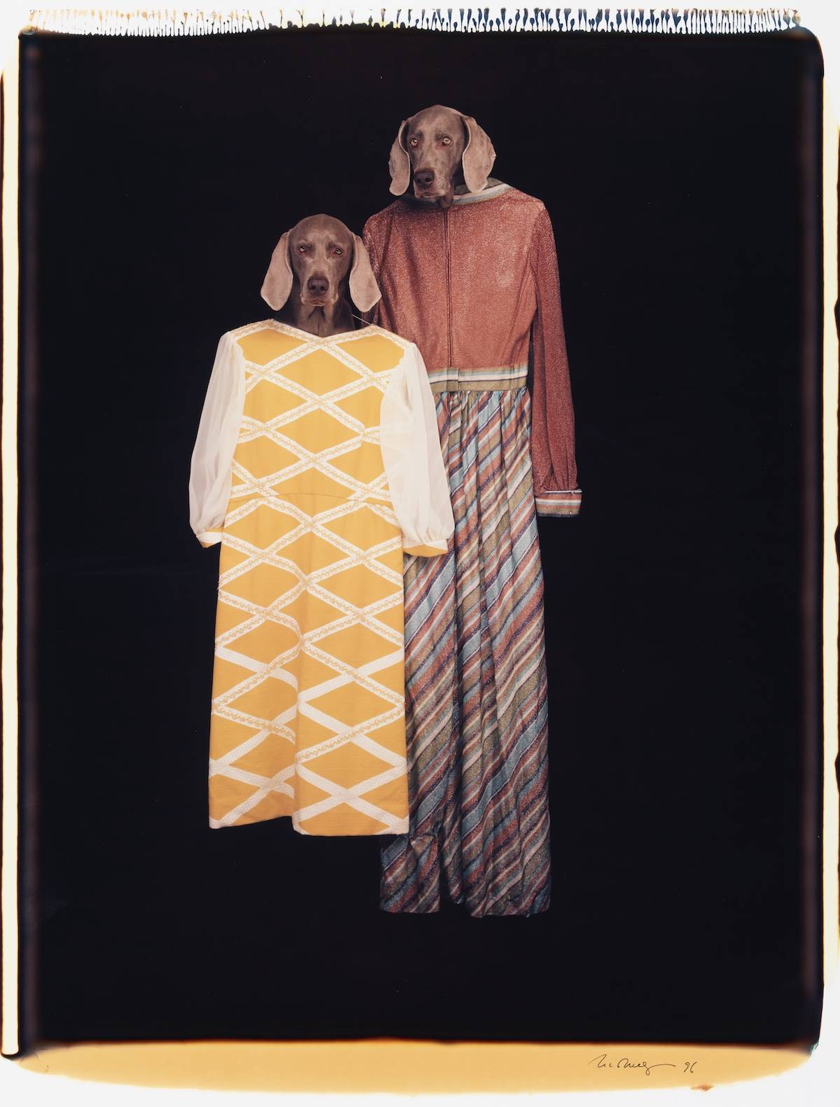 William Wegman Dress Holders, 1996 color Polaroid 24 x 20 inches (61 x 51 cm) 35 x 26 1/2 inches (89 x 67 cm) frame, Sperone Westwater, New York