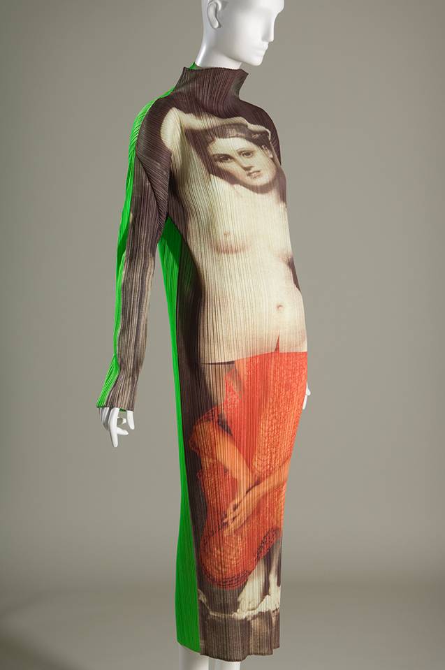 Issey Miyake, Pleats Please dress, multicolor printed polyester, fall/winter 1996, Japan. The Museum at FIT, 97.44.1, gift of Issey Miyake, Pleats Please Issey Miyake, Quest Artist Series #1, Yasumasa Morimura On Please Pleats
