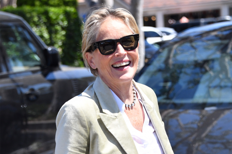 Sharon Stone nosi garnitur w najmodniejszym kolorze lata, pastelowej szałwii