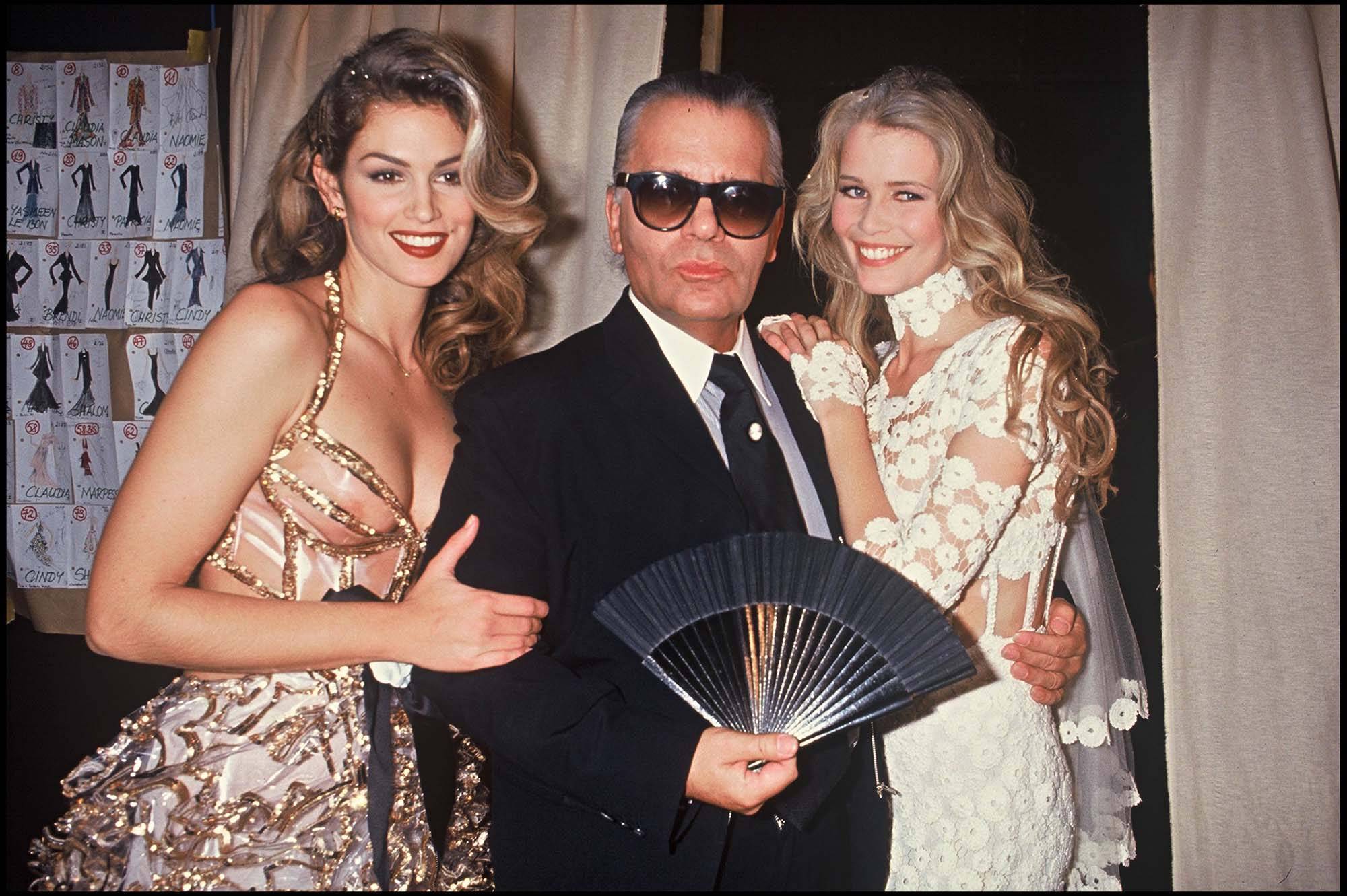 Cindy Crawford, Karl Lagerfeld i Claudia Schiffer, Fot. Rindoff Petroff/Castel/Getty Images