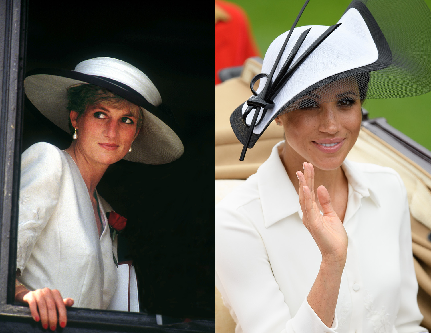 Lady Diana w 1991 roku, księżna Sussex w 2018 roku, Fot. Getty Images