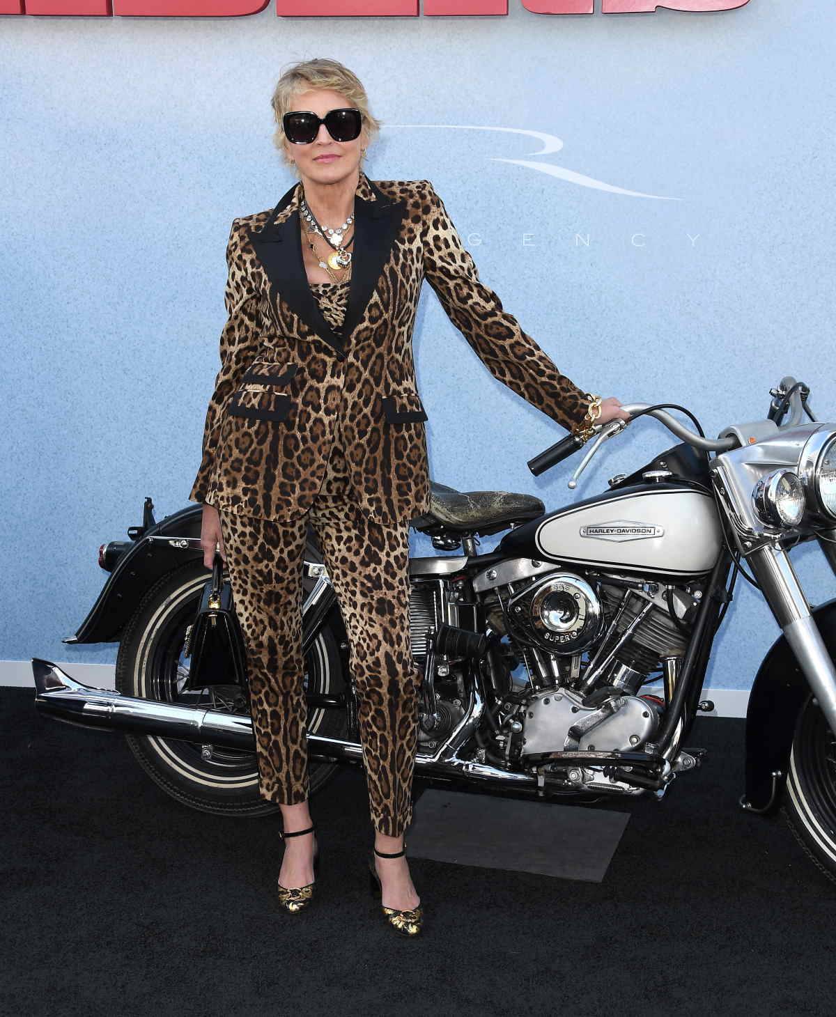 Sharon Stone jako królowa maksymalistek w total looku w zwierzęcy print. Torba, biżuteria, buty, okulary i prosta minimalistyczna fryzura w kontraście.