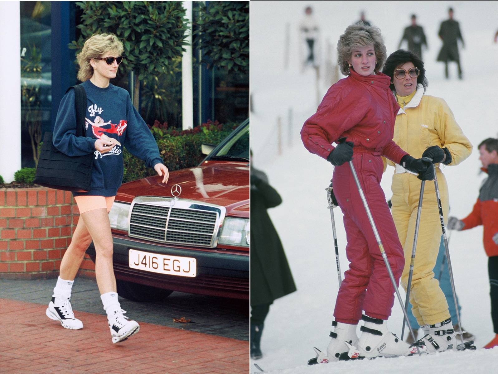 Od lewej: Charakterystyczny look lady Diany z lat 90.: sweter, krótkie spodenki, skarpetki tenisowe i sneakersy. Podczas wypadów na narty księżna Diana lubiła nosić kolorowe kombinezony – czasem w kolorze czerwonym, a czasem turkusowym. (Fot. Getty Images)