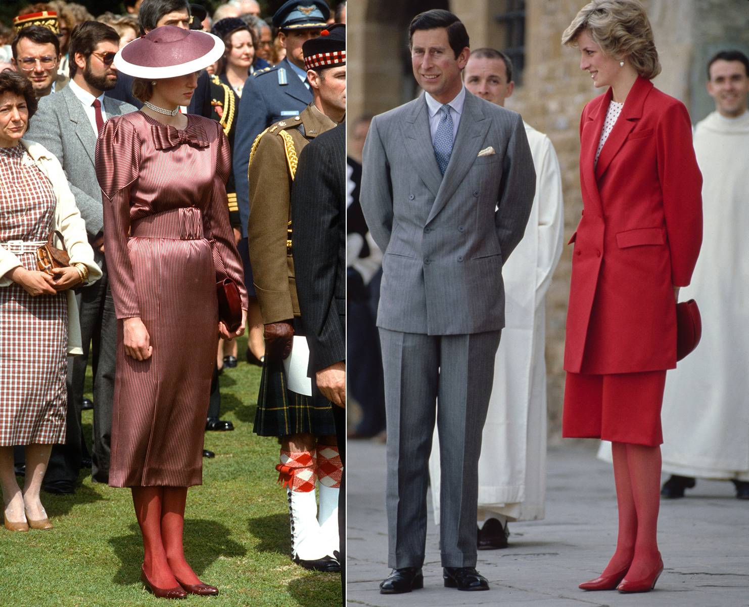 Od lewej: Księżna Diana najczęściej wybierała jednokolorowe zestawy: w 1985 r. założyła czerwone rajstopy do dopasowanej sukienki, kapelusza i czółenek. Księżna Walii do swojego wiśniowo-czerwonego stroju dobrała czerwone rajstopy, czerwone czółenka i czerwoną torebkę. (Fot. Getty Images)
