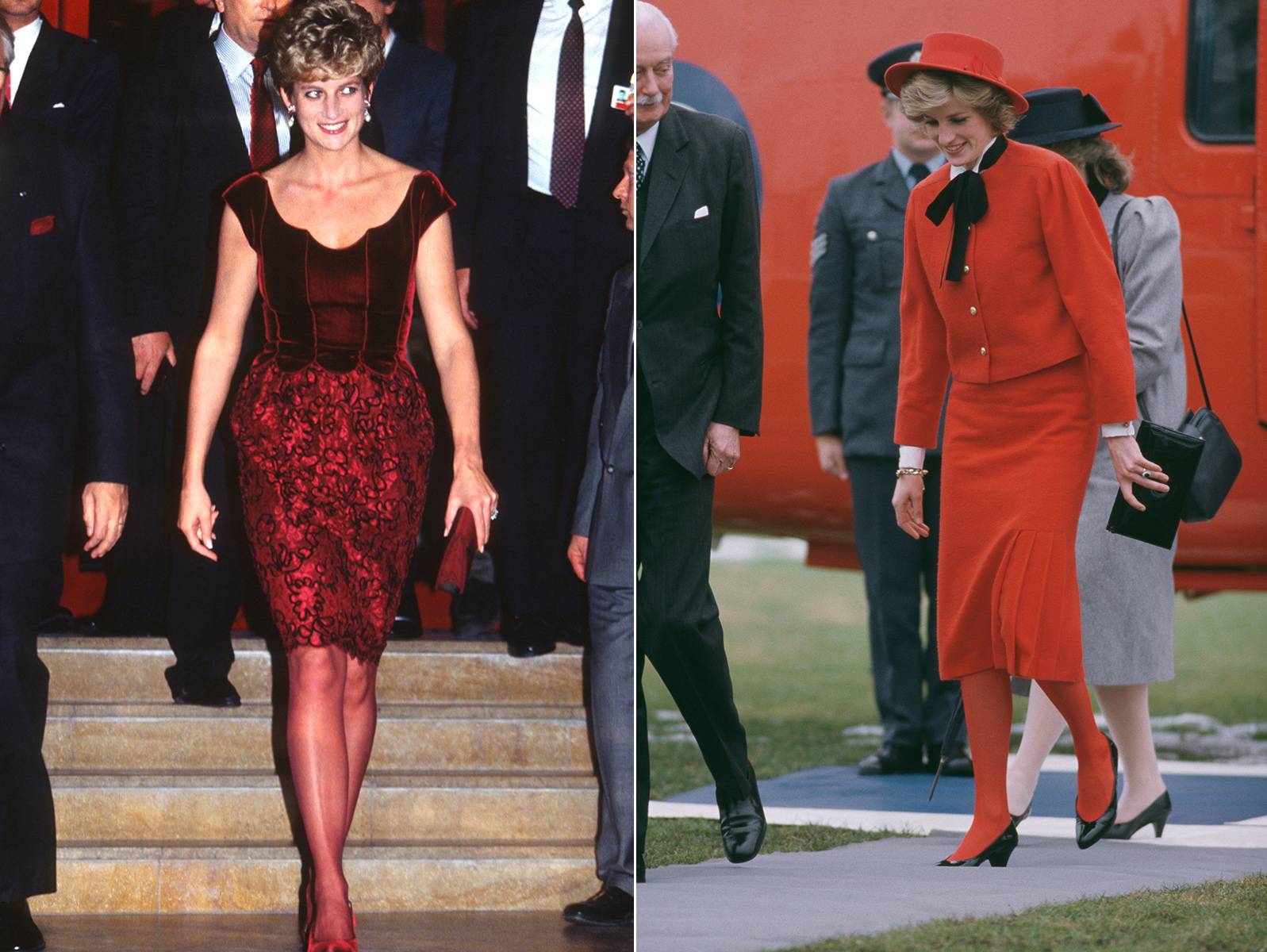 Od lewej: W latach 90. stroje Lady Di stały się bardziej oryginalne, ale czerwone rajstopy nie zniknęły. W 1992 r. przywdziała czerwoną minisukienkę uzupełnioną o dopasowane dodatki. W 1985 r. Diana dowiodła, że połączenie czerwieni i czerni sprawdza się znakomicie. Jeśli więc nie chcesz iść na całość, możesz połączyć czerwone rajstopy z czarną torebką lub butami. (Fot. Getty Images)