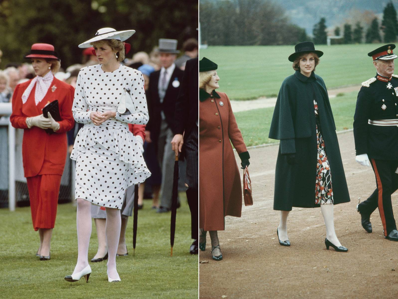 Od lewej: W 1986 r. Lady Di zdecydowała się na połączenie białej sukienki i białych czółenek w czarne kropki z białymi rajstopami. Połączenie czerni i bieli to zawsze strzał w dziesiątkę. W 1981 r. księżna Diana zestawiła czarny płaszcz z białymi rajstopami i czarnymi czółenkami. (Fot. Getty Images)
