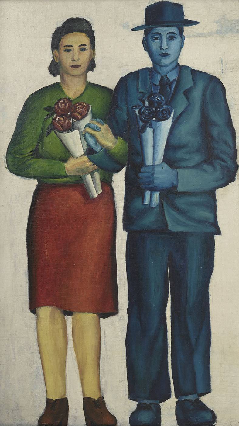 Andrzej Wróblewski Wedding Photograph, (Married Couple with a Bouquet) 1949 oil on canvas 119 x 69 cm Starak Collection Courtesy © Andrzej Wróblewski Foundation Biennale Catalogue