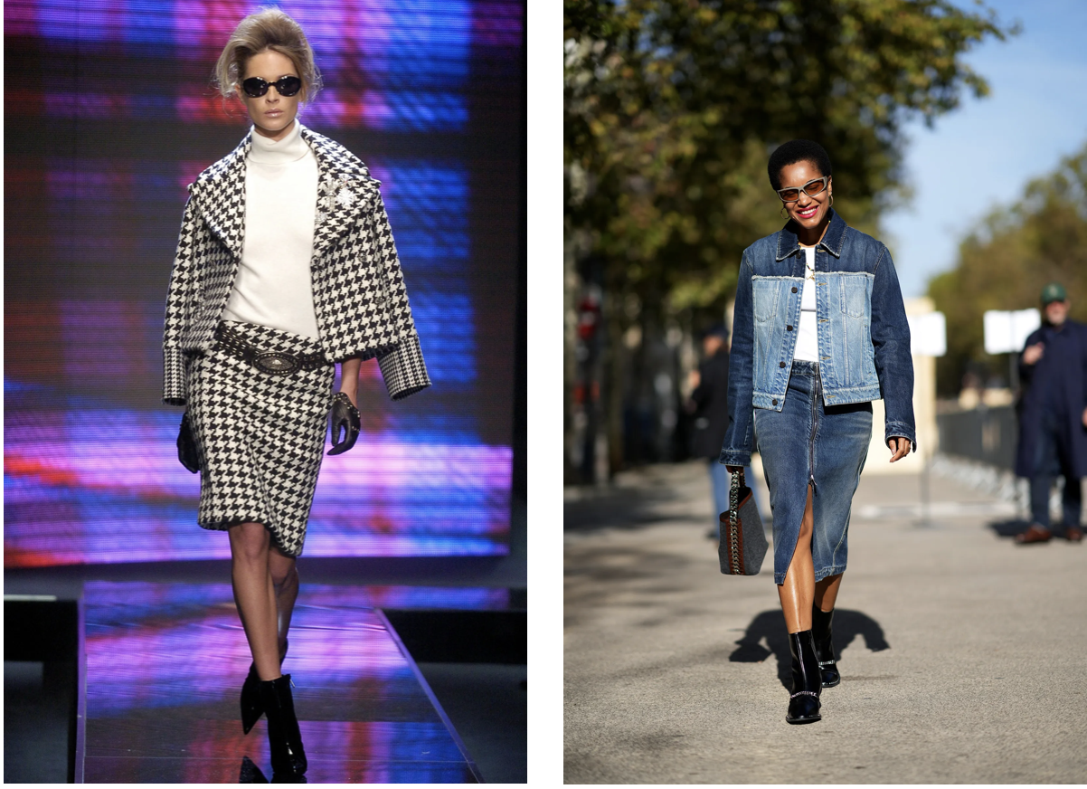 Versace jesień-zima 2004 (Fot. Condé Nast Archive); street style (Fot. Getty Images)