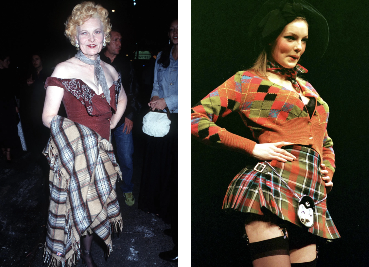 Vivienne Westwood (Fot. Robin Platzer/Twin Images/Getty Images); spódniczka inspirowana kiltem z archiwalnej kolekcji Vivienne Westwood (David Cheskin - PA Images/Getty Images)