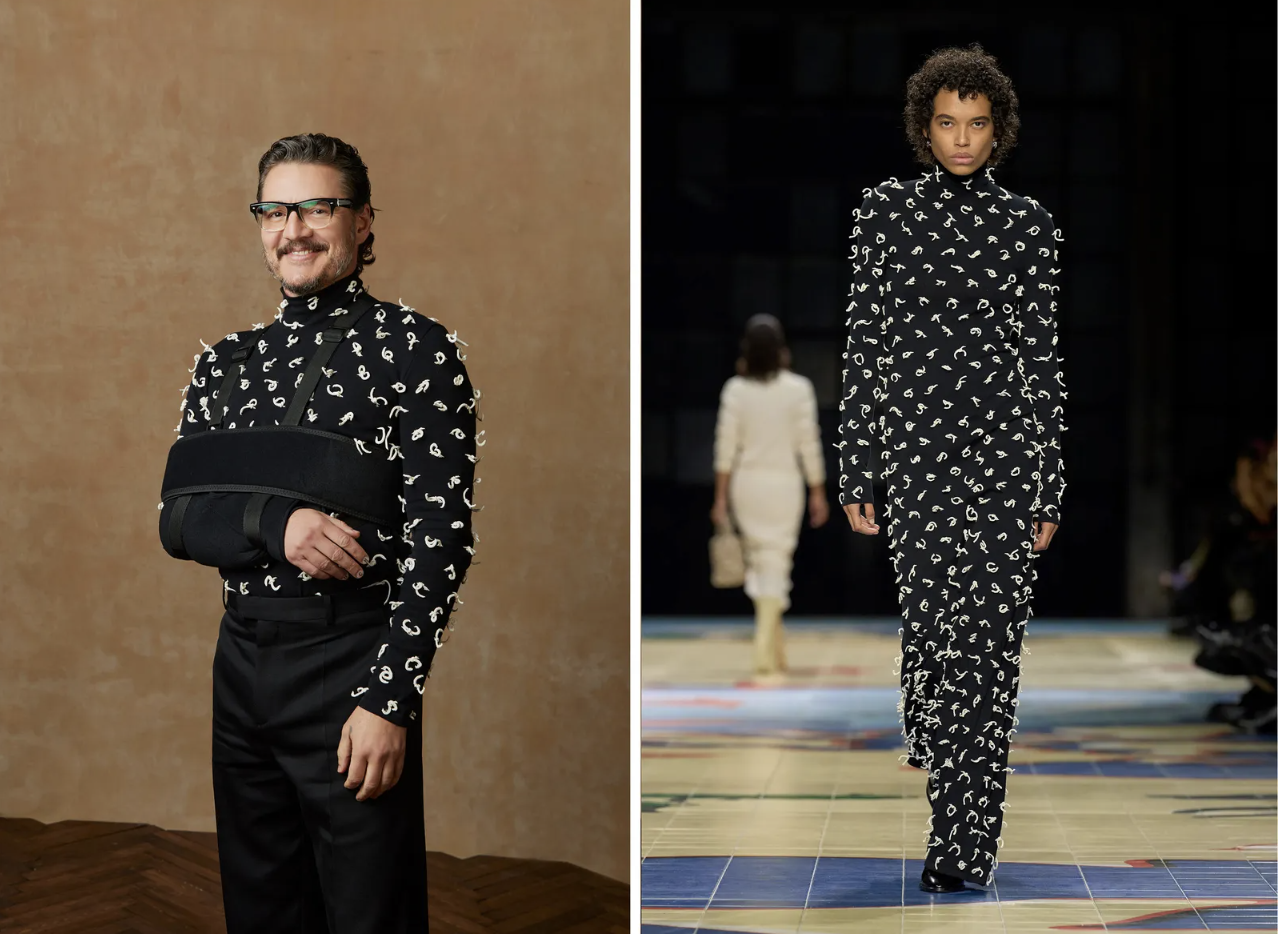 Pedro Pascal miał na sobie stylizację inspirowaną lookiem z damskiej kolekcji Bottega Veneta wiosna-lato 2024 na gali Złotych Globów 2024 (Fot. Dan Doperalski/Getty Images, Launchmetrics Spotlight)