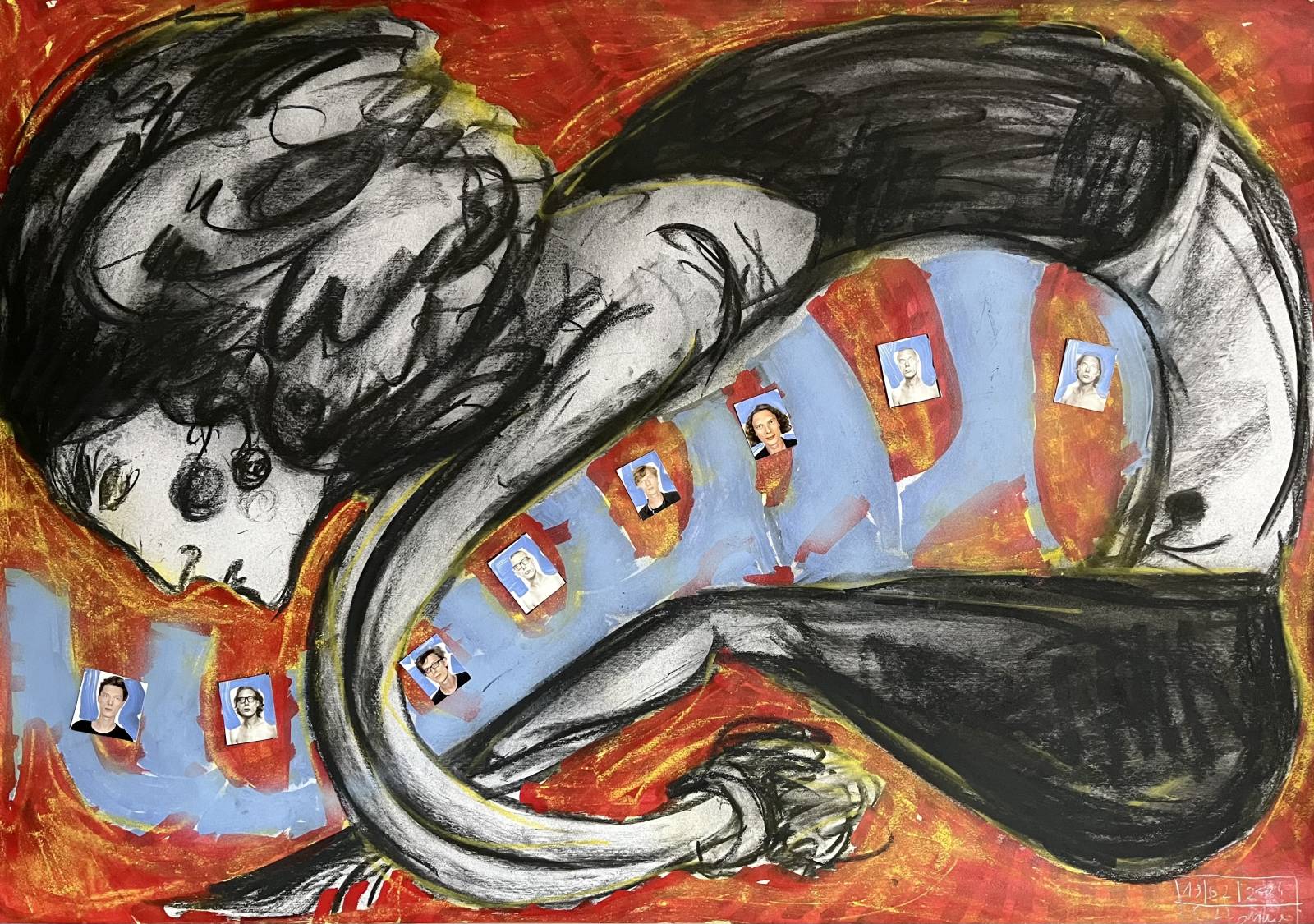 Filipka Rutkowska ‘Krok po kroku’ węgiel, pastel, akryl na papierze, fotografie, 70 x 100 cm, 2024
