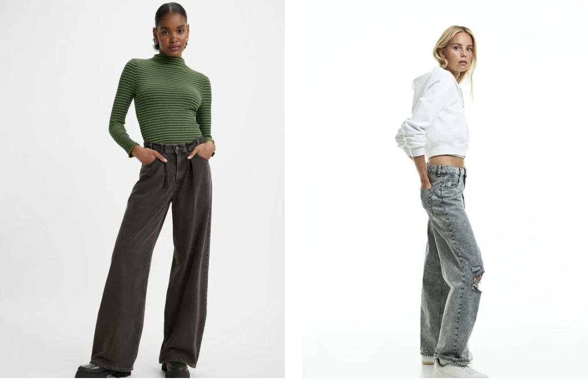 Levis - dad jeans z zakładkami; H&M – baggy jeans z wyższym stanem w stylu lat 90. (Fot. Materiały prasowe)