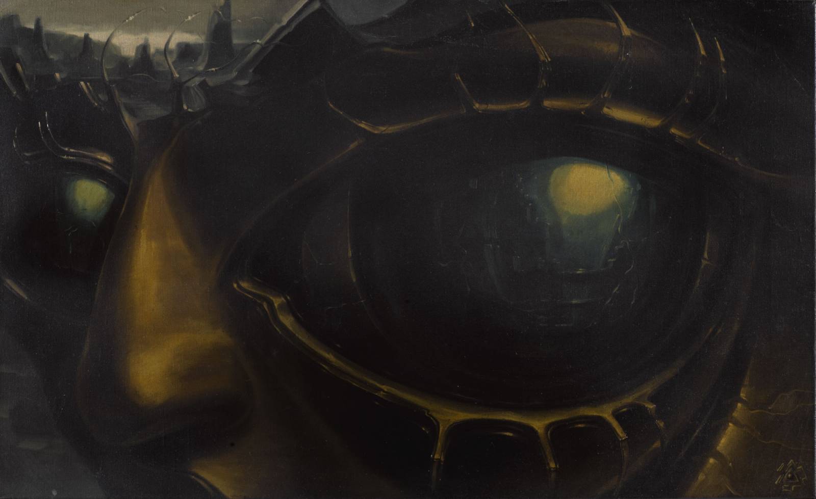 „Autoportret bez tytułu (Oko zagłady)”, sygnowany znakiem Hożej Moyry, 60 x 100 cm, olej na płótnie, 1985