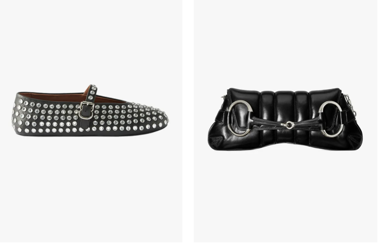 ALAIA - skórzane baletki zdobione kryształkami; GUCCI - torebka Horsebit z łańcuszkiem średniej wielkości (Fot. Materiały prasowe)