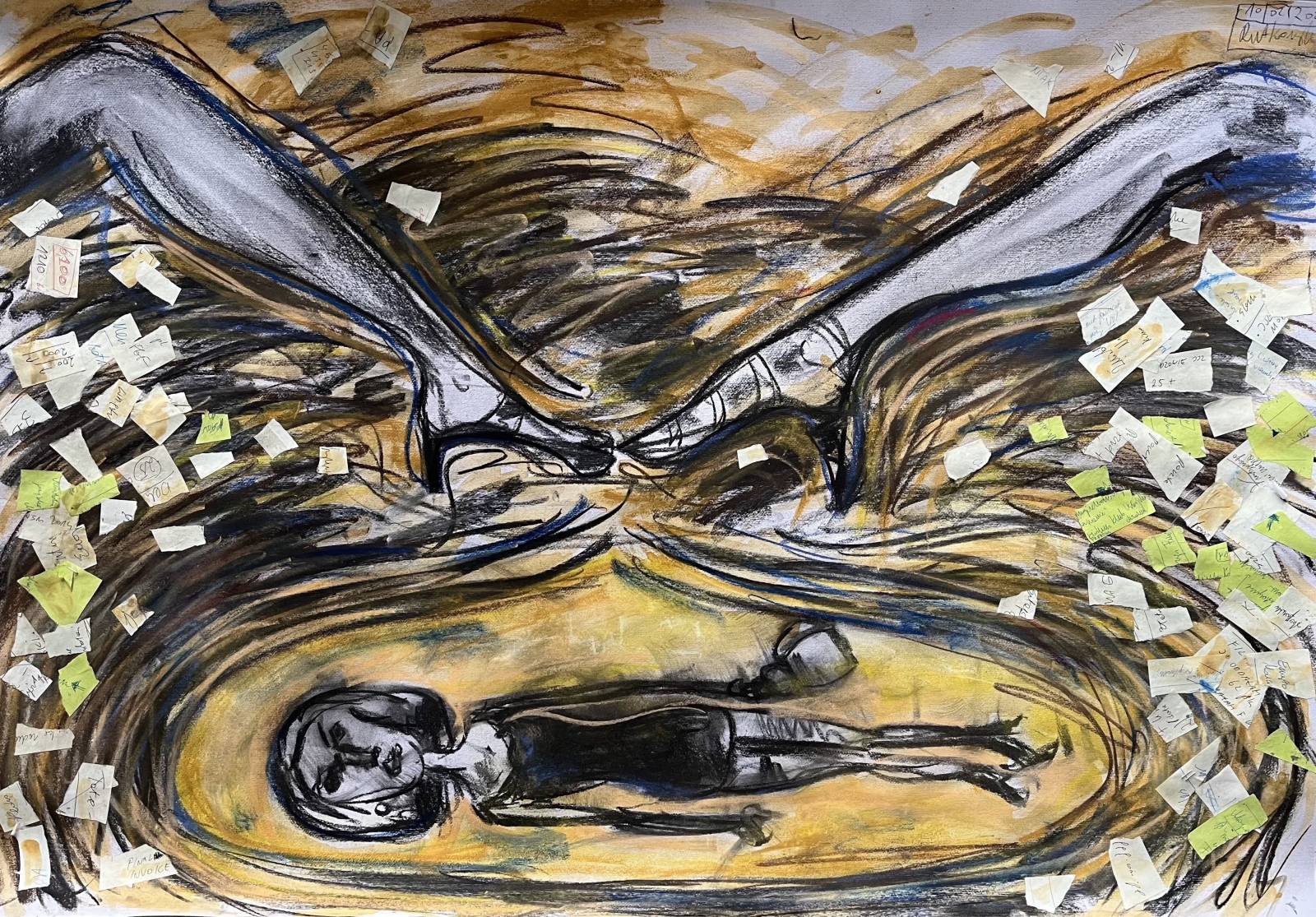 Filipka Rutkowska ‘Przemijanie emocji’, węgiel, pastel, kolaż na papierze, 70 x 100 cm, 2024