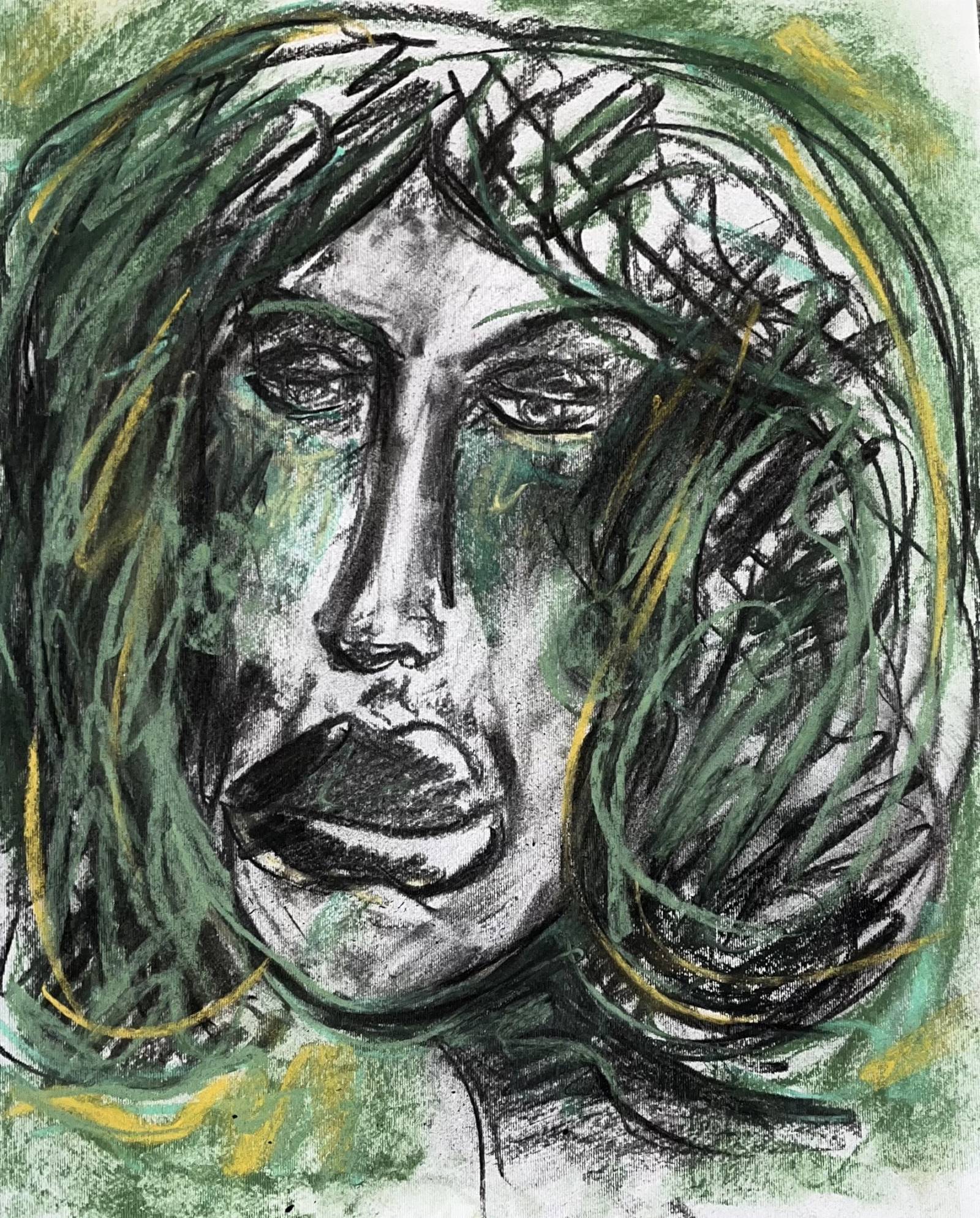 Filipka Rutkowska Autoportret w szale i czarze II, węgiel i pastel na papierze, 43 x 33 cm, 2024