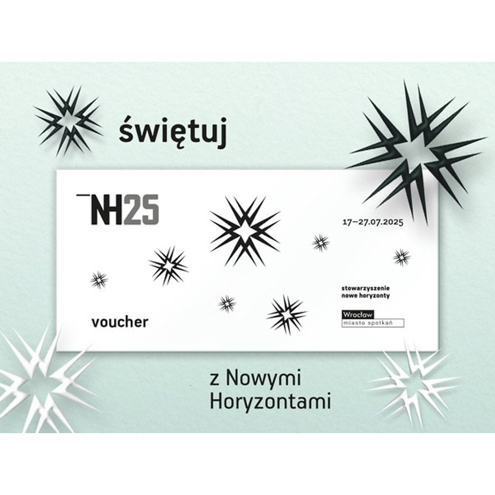 Voucher na wydarzenie &quot;Nowe Horyzonty&quot; z datą 17-27.07.2025, ozdobiony gwiazdami i hasłem &quot;świętuj&quot;.