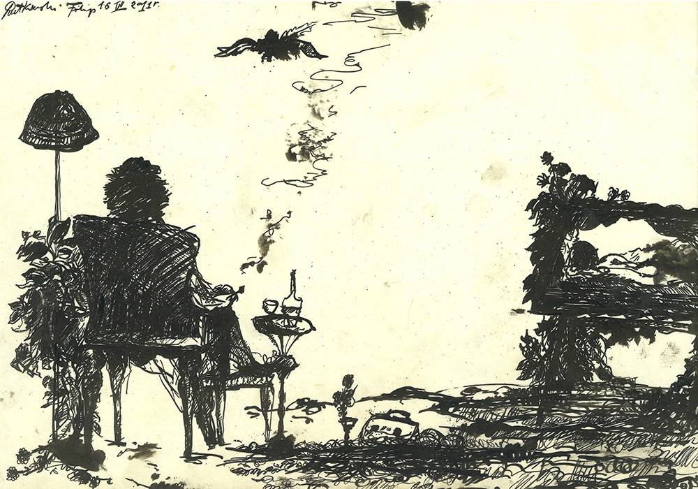 Filipka Rutkowska, Mężczyzna z butelką whiskey patrzący na krajobraz. Tusz na papierze, 21 x 30 cm, 2010.