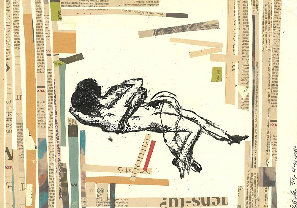 Filipka Rutkowska, Randki z chłopakami.Tusz i gazeta na papierze, 30 x 42 cm, 2011.