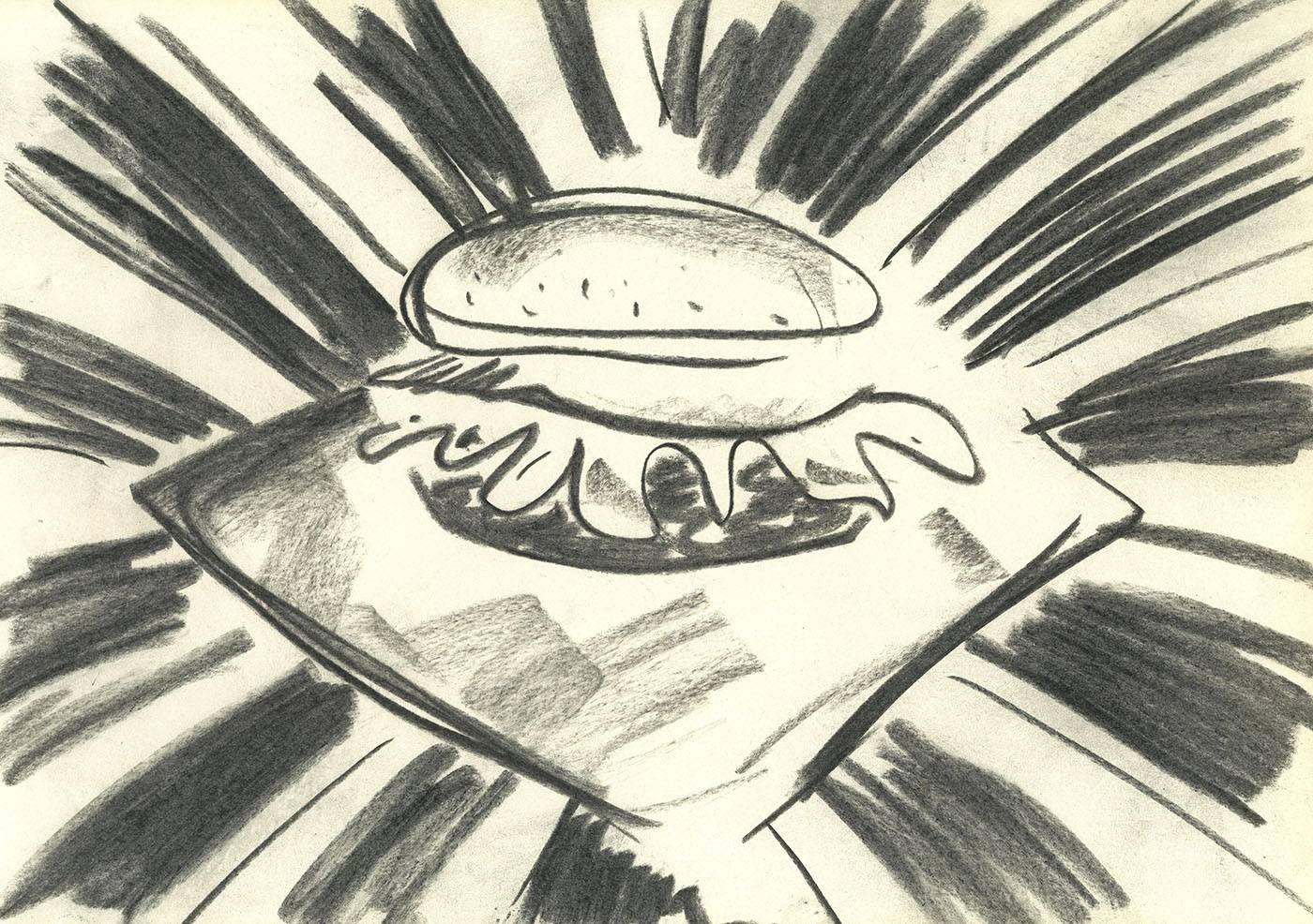 Filipka Rutkowska ‘Zimny hamburger z wagonu WARS’ węgiel na papierze, 2023