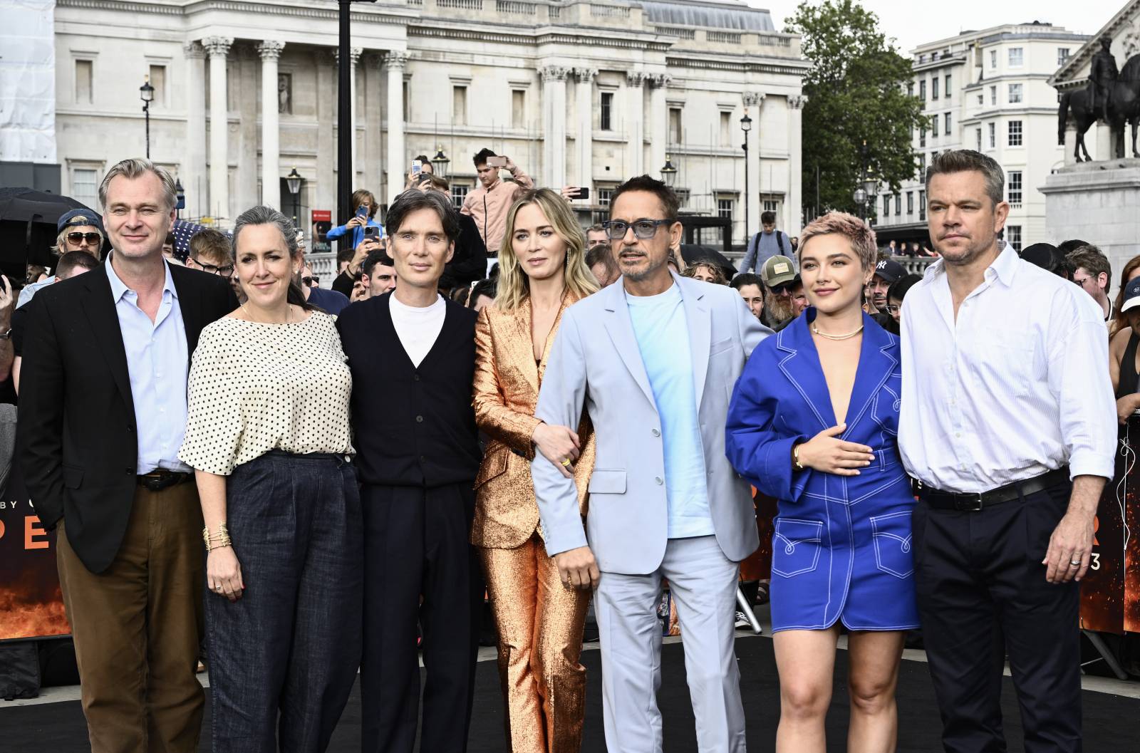 Christopher Nolan, Emma Thomas, Cillian Murphy, Emily Blunt, Robert Downey Jr, Florence Pugh i Matt Damon na premierze „Oppenheimera (Fot. Getty Images)