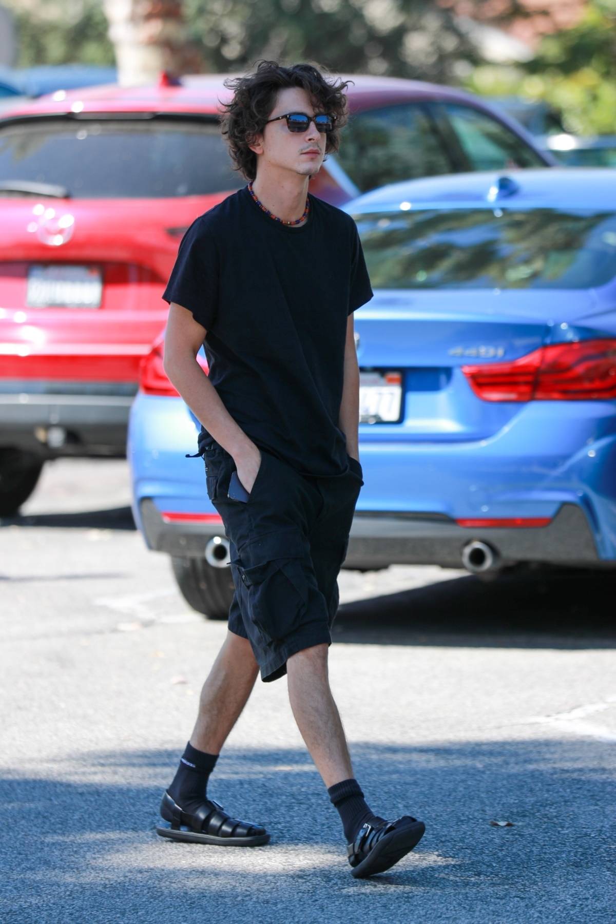 Timothée Chalamet nosi skarpetki do sandałów. Czarny total look amerykański aktor prezentował na ulicach Los Angeles.