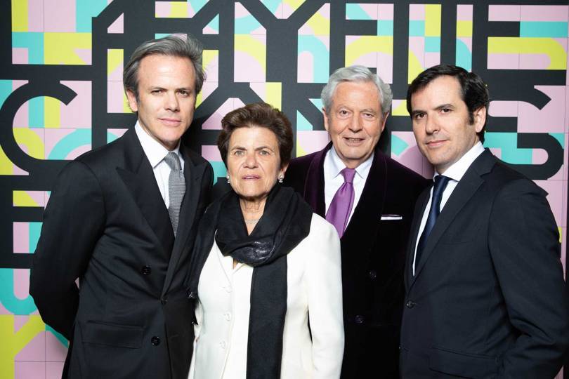 Philippe Houzé (second from right), the current Executive Chairman of the Galeries Lafayette, with his family (from left) – Guillaume Houzé, Christiane Houzé, and Nicolas Houzé Credit: DAVID ATLAN