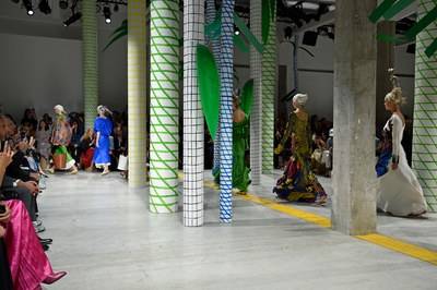 Totems built from recycled paper formed the background at Marni. © Pietro Daprano/Getty Images