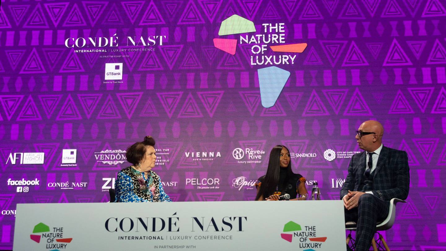 On the first day of the CNI Luxury Conference, Suzy Menkes, Naomi Campbell and Marco Bizzarri – President and CEO of Gucci – discuss the Gucci Changemaker Programme, which funds fashion scholarships in Africa. Credit: INDIGITAL.TV