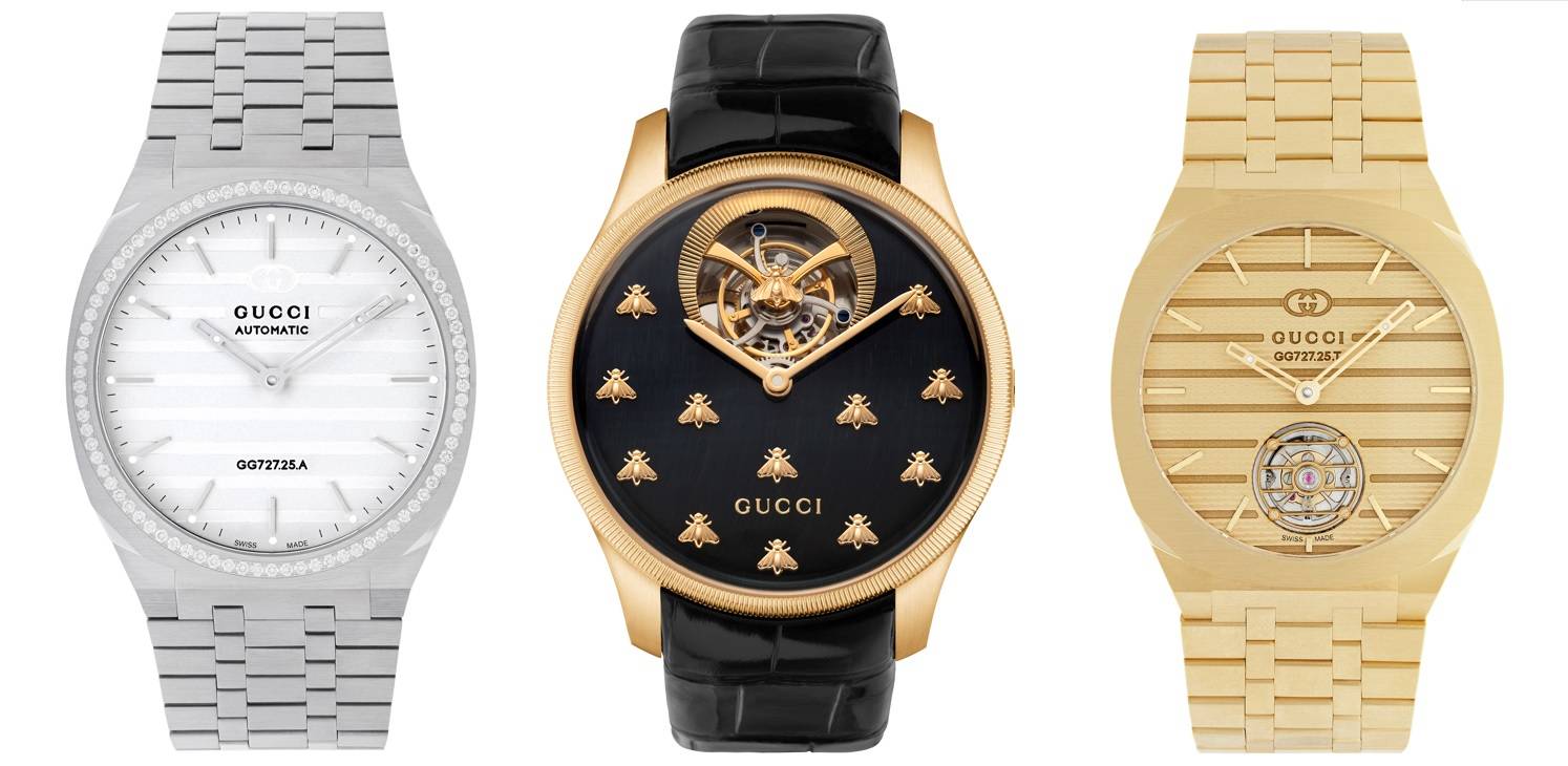 Od lewej: GUCCI 25H Steel z diamentami, G-Timeless Dancing Bees Tourbillon z żółtym złotem, GUCCI 25H Tourbillon  z żółtym złotem (Fot. materiały prasowe)