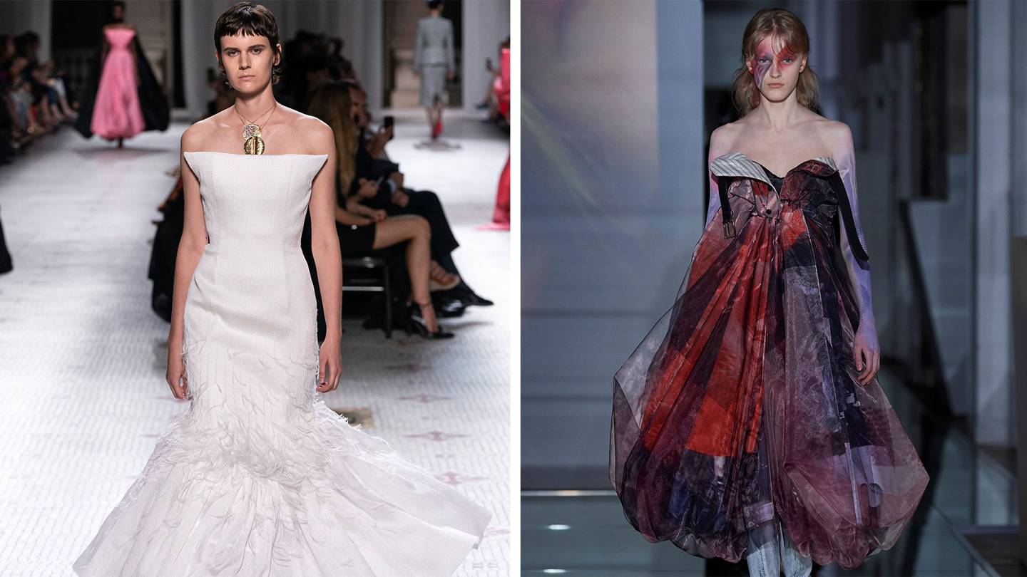 From Clare Waight Kellers new collection for Givenchy (left), and John Gallianos for Maison Margiela. Credits: (LEFT) GORUNWAY.COM; MAISON MARGIELA