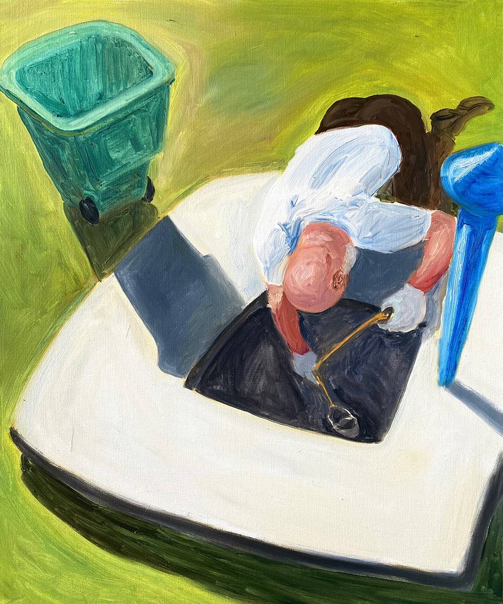 Tata wyciągający wiaderkiem szambo, Olej na płótnie, 60x50 cm, 2023