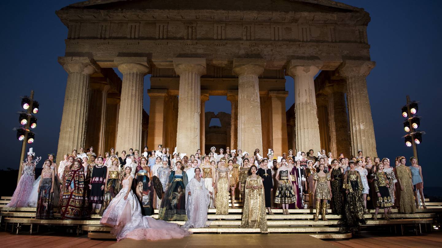 Dolce & Gabbanas Alta Moda show at the Concord Temple in the Valley of the Temples, Agrigento, Sicily, July 2019. Credit: COURTESY OF DOLCE & GABBANA