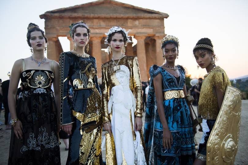 Backstage at Dolce & Gabbanas Alta Moda show at the Concord Temple in the Valley of the Temples, Agrigento, Sicily, July 2019. Credit: COURTESY OF DOLCE & GABBANA