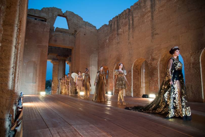 Dolce & Gabbanas Alta Moda show at the Concord Temple in the Valley of the Temples, Agrigento, Sicily, July 2019. Credit: COURTESY OF DOLCE & GABBANA