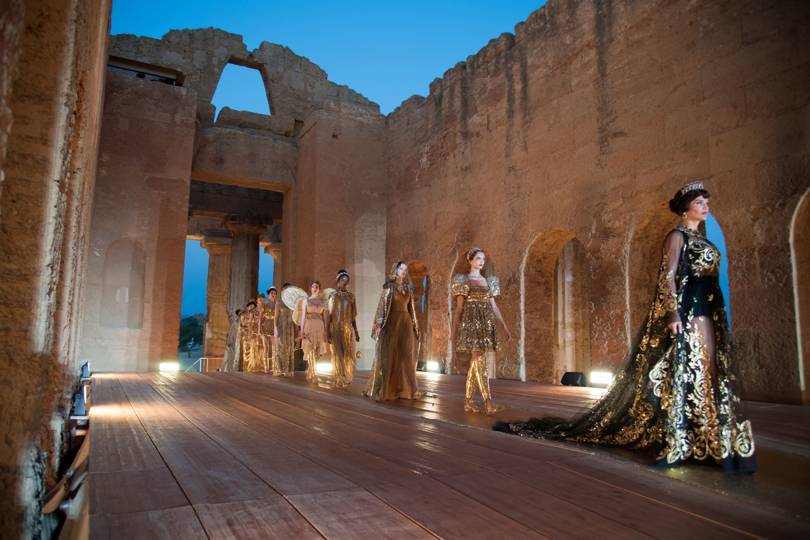 Dolce & Gabbanas Alta Moda show at the Concord Temple in the Valley of the Temples, Agrigento, Sicily, July 2019. Credit: COURTESY OF DOLCE & GABBANA