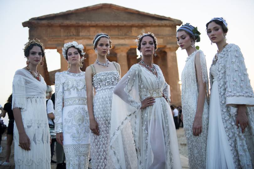 Backstage at Dolce & Gabbanas Alta Moda show at the Concord Temple in the Valley of the Temples, Agrigento, Sicily, July 2019. Credit: COURTESY OF DOLCE & GABBANA