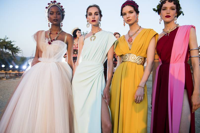 Backstage at Dolce & Gabbanas Alta Moda show at the Concord Temple in the Valley of the Temples, Agrigento, Sicily, July 2019. Credit: COURTESY OF DOLCE & GABBANA