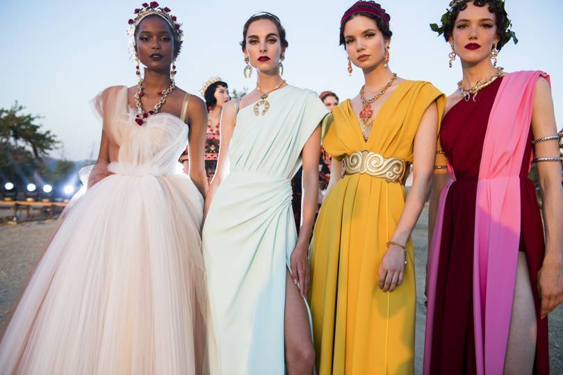 Backstage at Dolce & Gabbanas Alta Moda show at the Concord Temple in the Valley of the Temples, Agrigento, Sicily, July 2019. Credit: COURTESY OF DOLCE & GABBANA