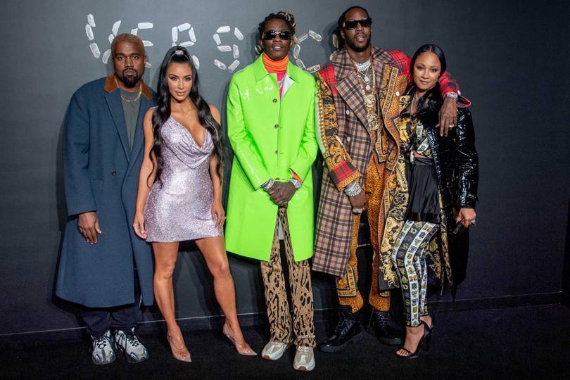 The star-studded audience at the Versace Pre-Fall 2019 show, held at the American Stock Exchange, included (from left) Kanye West, Kim Kardashian West, Young Thug, 2 Chainz, and Kesha Ward
(Credit: GETTY