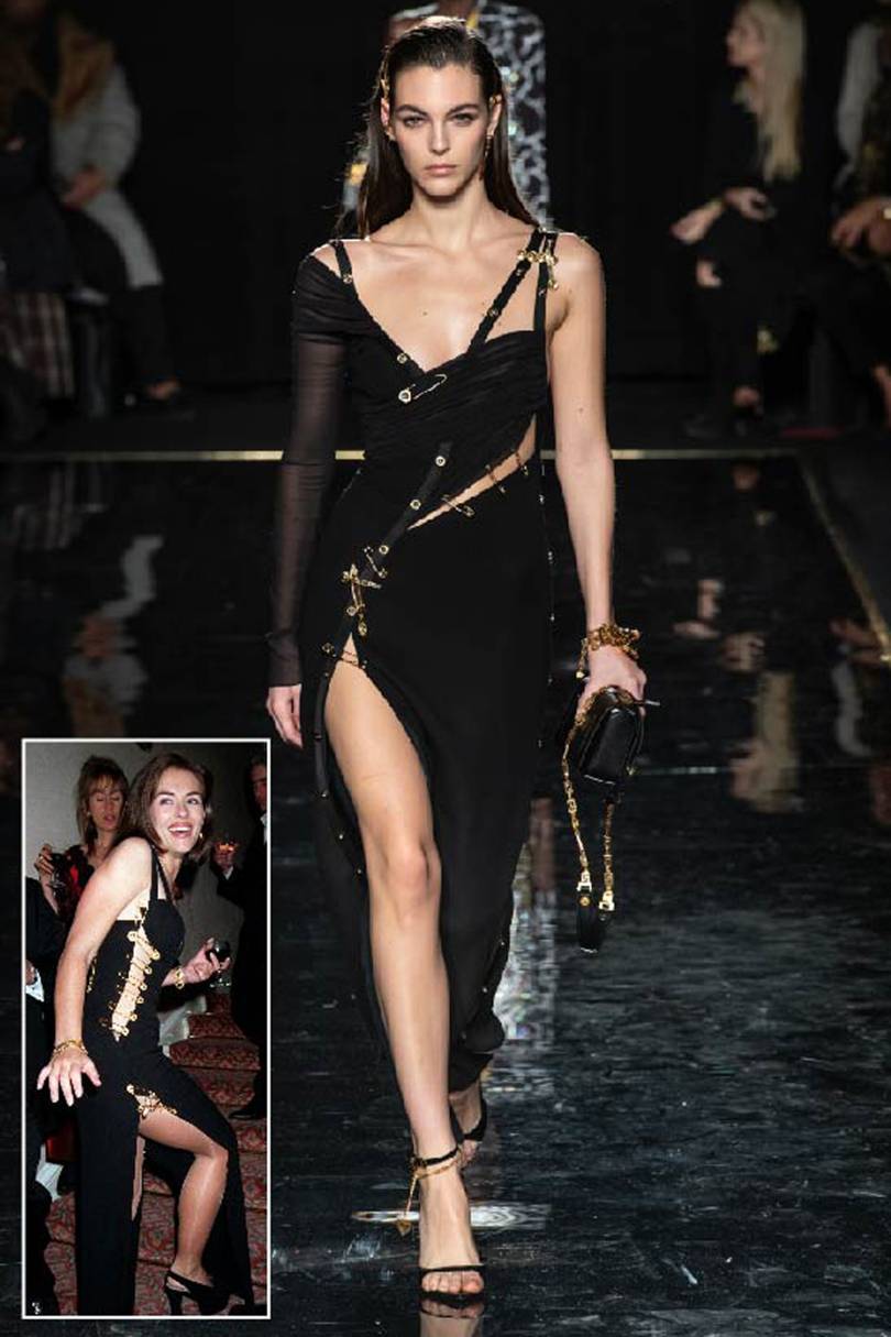 Donatella reinvented looks from the Versace archives for Pre-Fall 2019: The safety-pin dress made notorious by Liz Hurley (inset) was given a refreshing update
(Credit: GORUNWAY)