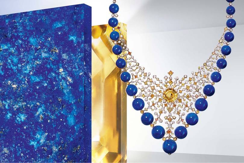 For this Équinoxe necklace from the Magnitude collection, Cartiers lacy openwork constellation consists of a nebula of yellow-orange and white diamonds, orange-toned yellow sapphire, and lapis lazuli
Credit: CARTIER