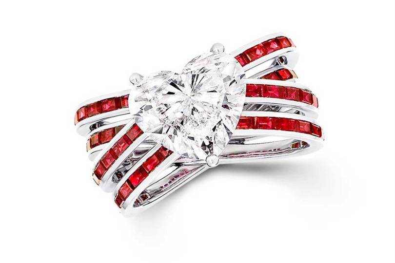 A heart-shape diamond ring with ruby baguettes from Graffs new entry-level Kiss range
Credit: GRAFF