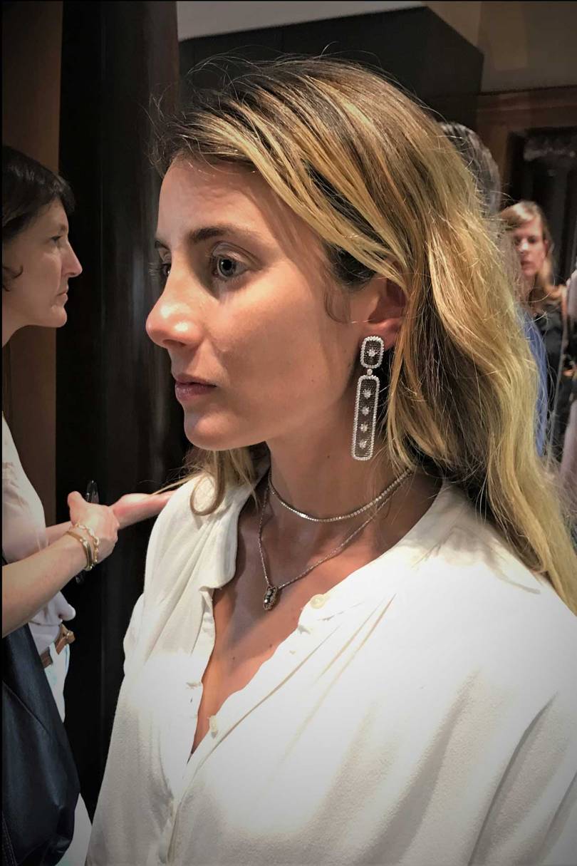 Lucrezia Buccellati, co-Creative Director of Buccellati, models her cricket-bat design for white-gold pendant earrings made using traditional Renaissance techniques
Credit: BUCCELLATI