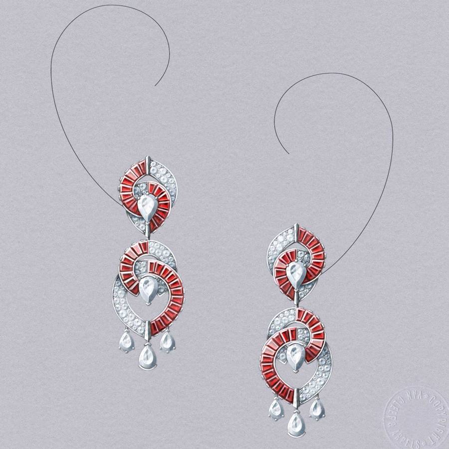 A gouache painting from Van Cleef & Arpels Romeo and Juliet collection – the Kiss At The Balcony earrings, which feature removable pendants so they can be worn two ways
Credit: VAN CLEEF & ARPELS