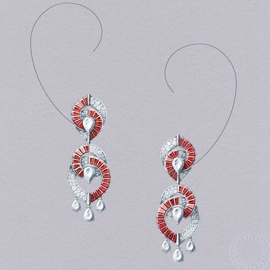 A gouache painting from Van Cleef & Arpels Romeo and Juliet collection – the Kiss At The Balcony earrings, which feature removable pendants so they can be worn two ways
Credit: VAN CLEEF & ARPELS