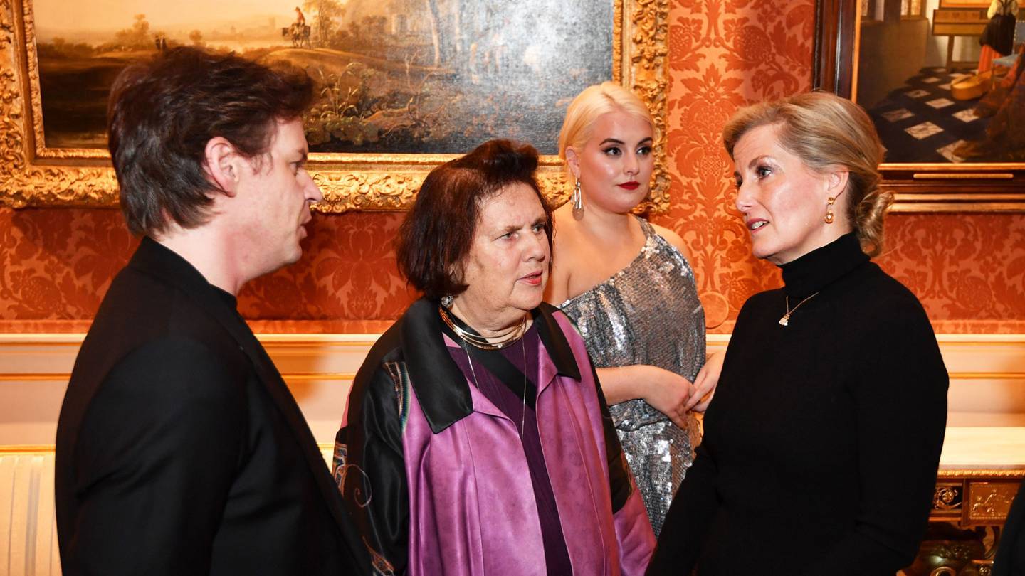 Sophie, Countess of Wessex, in conversation with designer Christopher Kane, Suzy Menkes, and model Felicity Hayward at the reception to celebrate 10 years of the London College of Fashions Better Lives project. Credit: GETTY