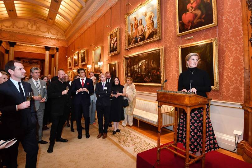 Sophie, Countess of Wessex, welcomes guests at a Buckingham Palace reception to celebrate 10 years of the London College of Fashions Better Lives project. Credit: GETTY