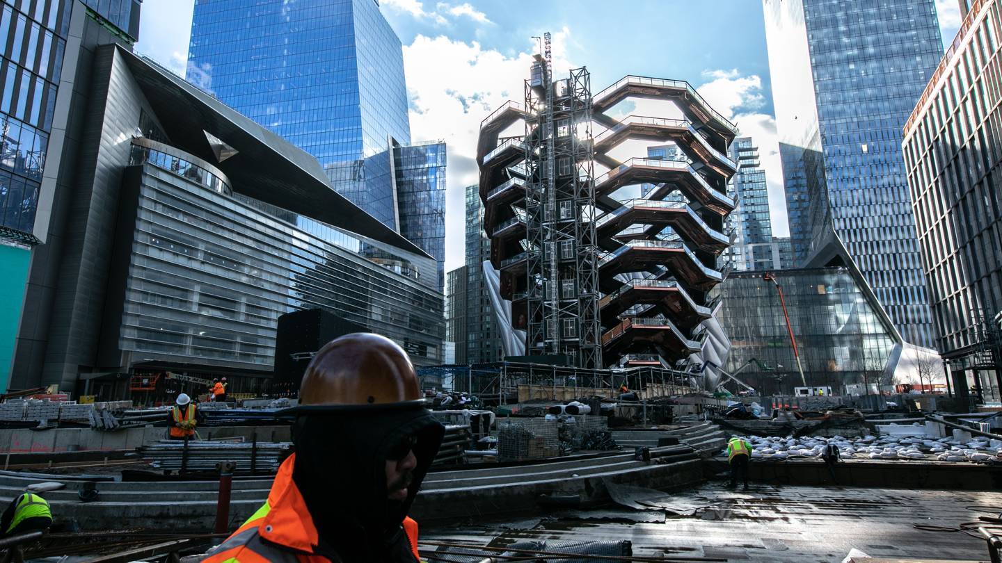 Contractors work on the Vessel sculpture by Thomas Heatherwick at Hudson Yards development in New York. Credit: Getty Images